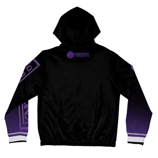 Black hoodie with purple accents on a white background