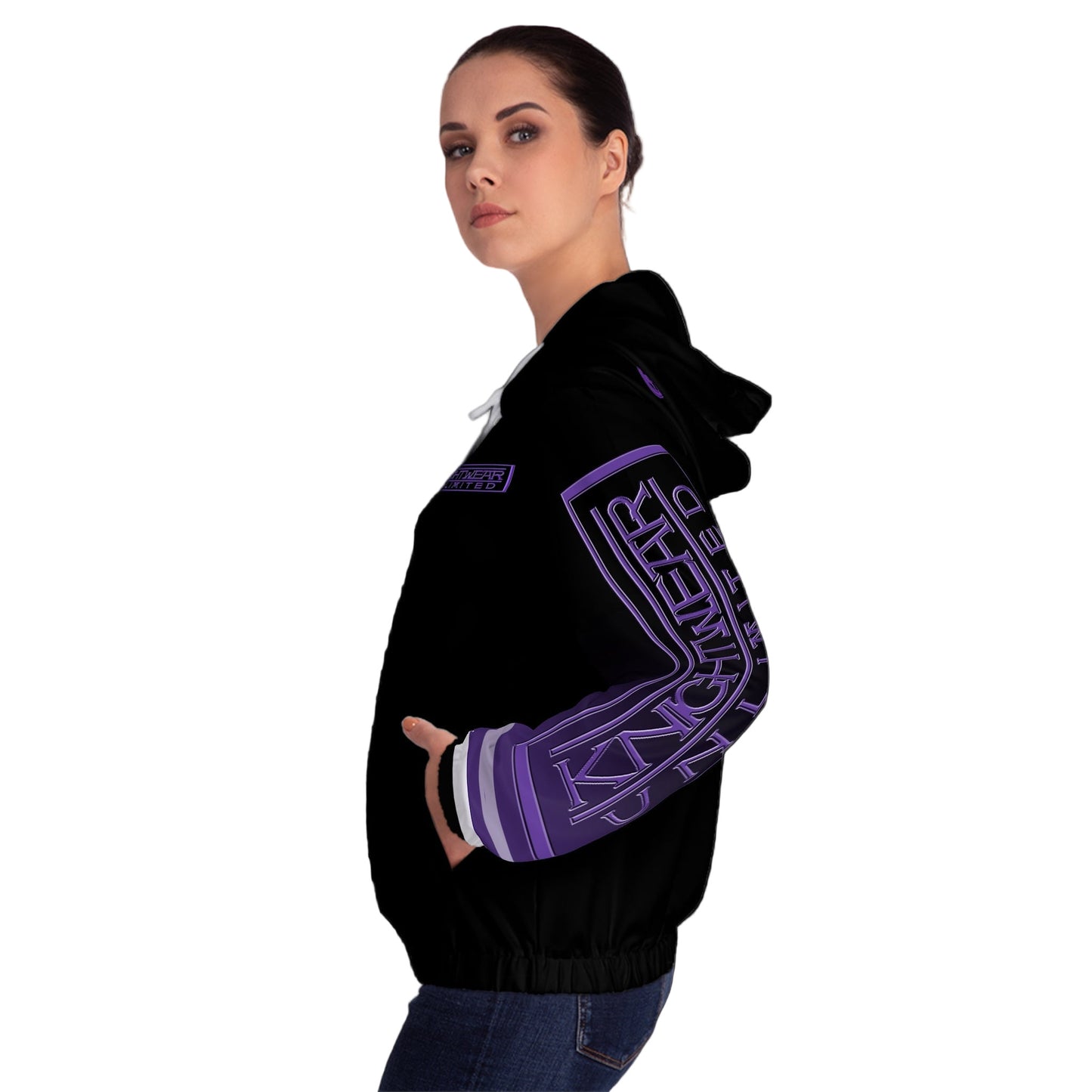 Woman wearing a black hoodie with purple text on a white background