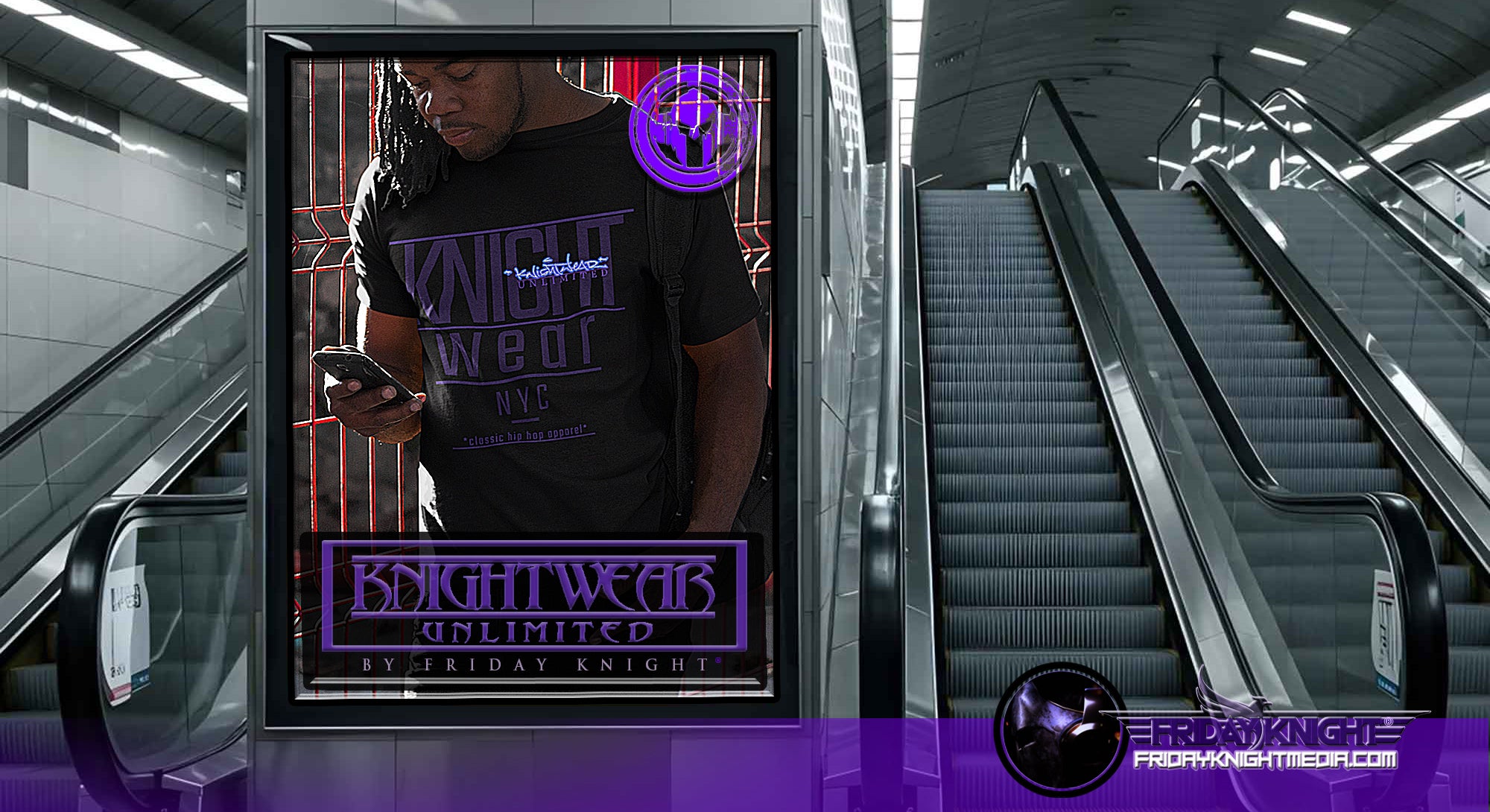 Person wearing a 'Knight Wear' t-shirt in an indoor setting with escalators.