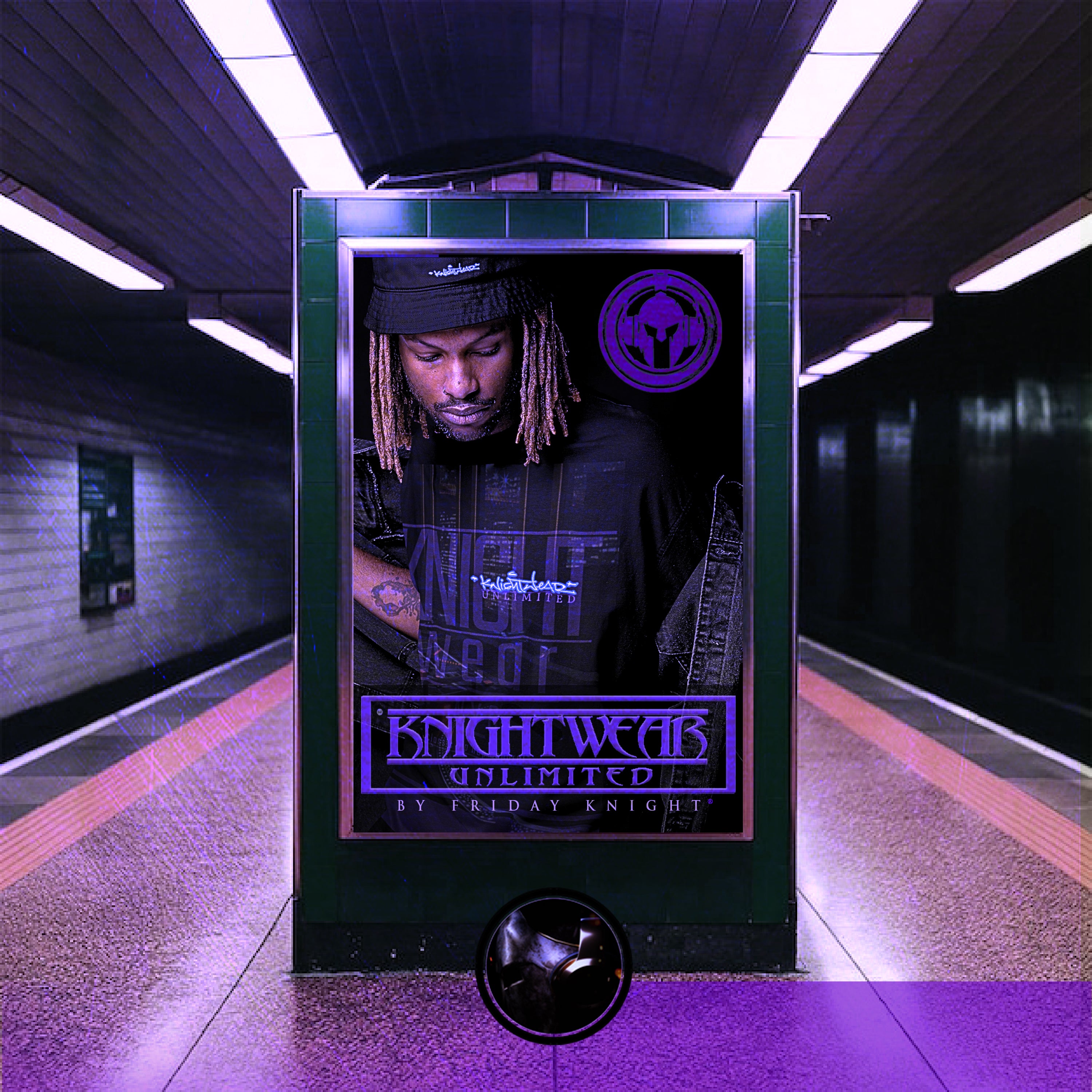 Promotional poster for 'Knightwear Unlimited' displayed on a subway platform.