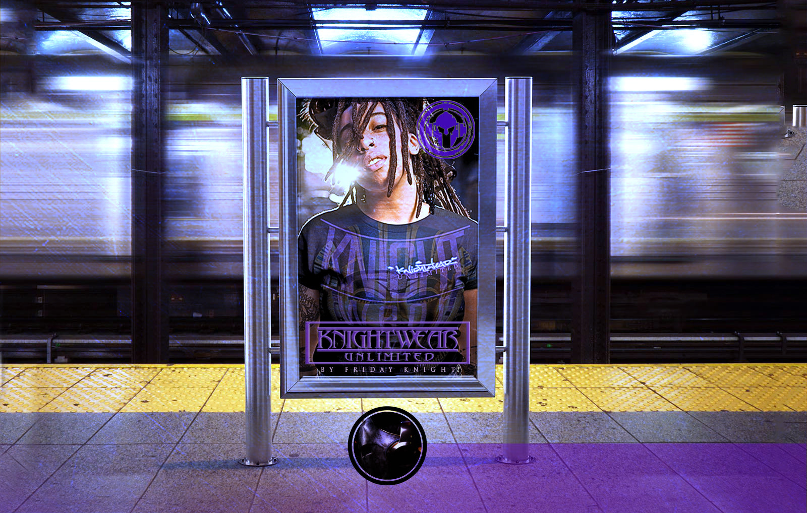 Billboard with a person wearing a KnightWear graphic t-shirt in a subway station.